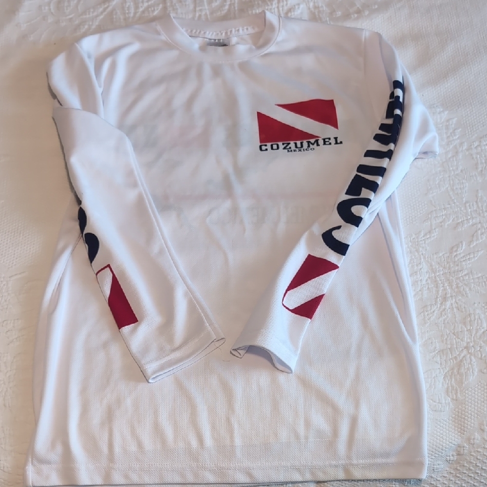 White Long Sleeve Cozumel Dry Fit Shirt with Red and Blue Accents